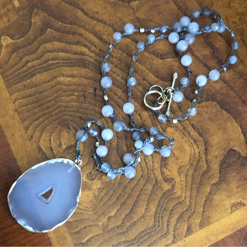 Marlyn Schiff rainbow moonstone and agate slab necklace